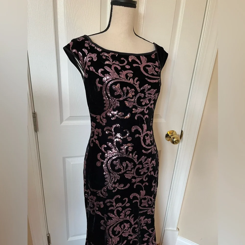 Eliza J. Black π Velvet & Pink Sequin Sleeveless Gown Formal Maxi Dress Sz 6 - Picture 3 of 14